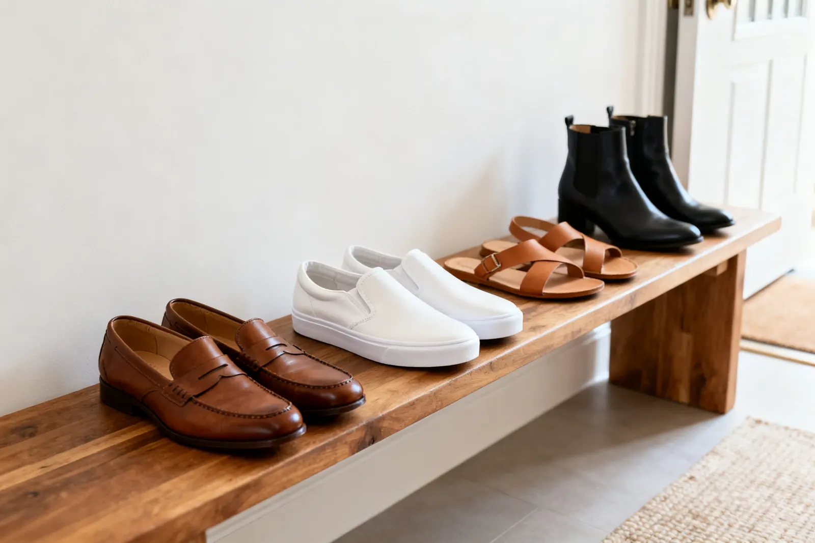 Sneakers, loafers and sandals lined up on a wooden bench